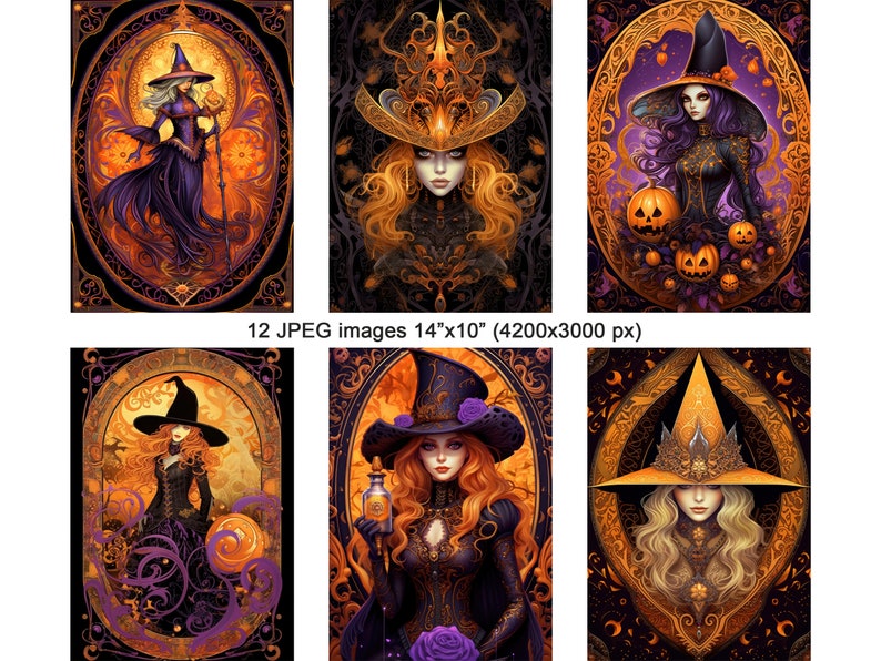 May include: A set of six digital illustrations featuring witches in ornate frames with Halloween themes. The witches are depicted with long flowing hair, elaborate hats, and dark clothing. The frames are decorated with pumpkins, leaves, and other Halloween motifs.