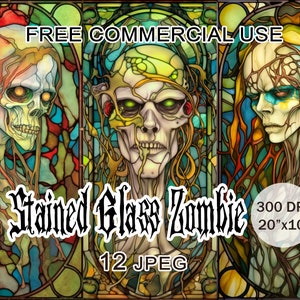 Stained glass zombie clipart,  Halloween horror digital paper pack, Zombies art nouveau printable images for collage, Free commercial use