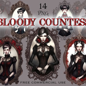 Bloody countess clipart, Vampire dark aesthetic portrait in vintage frame, Victorian gothic witch images png bundle, Free commercial use