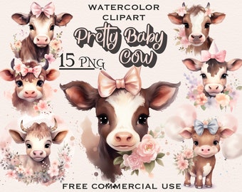 May include: Watercolour clipart set of 15 images featuring cute baby cows with pink and blue bows, flowers, and watercolour backgrounds.  The text "Pretty Baby Cow" is featured in the image.  Free commercial use.