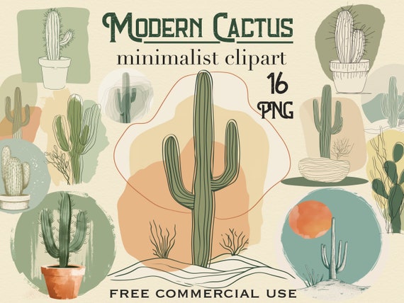Minimalist Cactus PNG Bundle, Modern cactus art, Desert cactus clipart, Boho western png, Retro tshirt print, Neutral aesthetic desert art