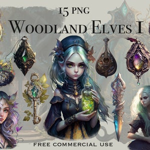May include: A digital illustration of a woodland elf with green hair and a black dress holding a glass bottle with a green liquid inside. The elf is surrounded by various objects, including a crown, a key, a lute, a dagger, and a bottle with a red liquid inside. The text "15 PNG WOODLAND ELVES I FREE COMMERCIAL USE" is at the top of the image.