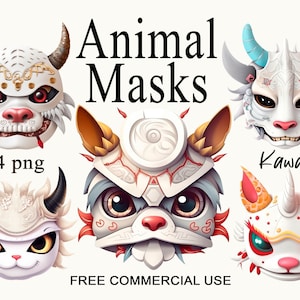 Japanese Animal Mask clipart, Kawaii samurai mask png bundle, Cat demon ninja mask for design, collage, prints etc., Free commercial use