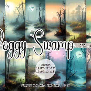 Clipart marais brumeux, images jpeg de paysage de forêt enchantée d'humeur effrayante avec usage commercial gratuit, pour la conception, le collage, le journal indésirable, etc.