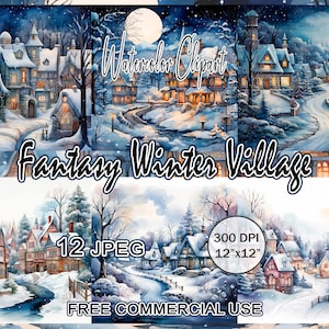 Fantasy winter village clipart, Fairytale landscape clipart, Watercolor winter painting, Snow Fairy Village clipart, Fairy house clipart