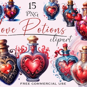 Bundle PNG de philtre d'amour, clipart magie romantique, bouteilles de potion de la Saint-Valentin png, clipart de sorts de sorcière, sorcellerie png, art de bouteilles antiques