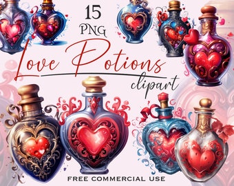 May include: Fifteen digital illustrations of love potion bottles with ornate designs and red hearts. The bottles are filled with a red liquid and have gold accents. The text "Love Potions clipart" is written in red and white letters. The text "15 PNG" is written in black letters. The text "FREE COMMERCIAL USE" is written in black letters.