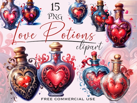 Love Potion PNG Bundle, Romantic magic clipart, Valentine potion bottles png, Witch spell clipart, Witchcraft png, Antique bottles art