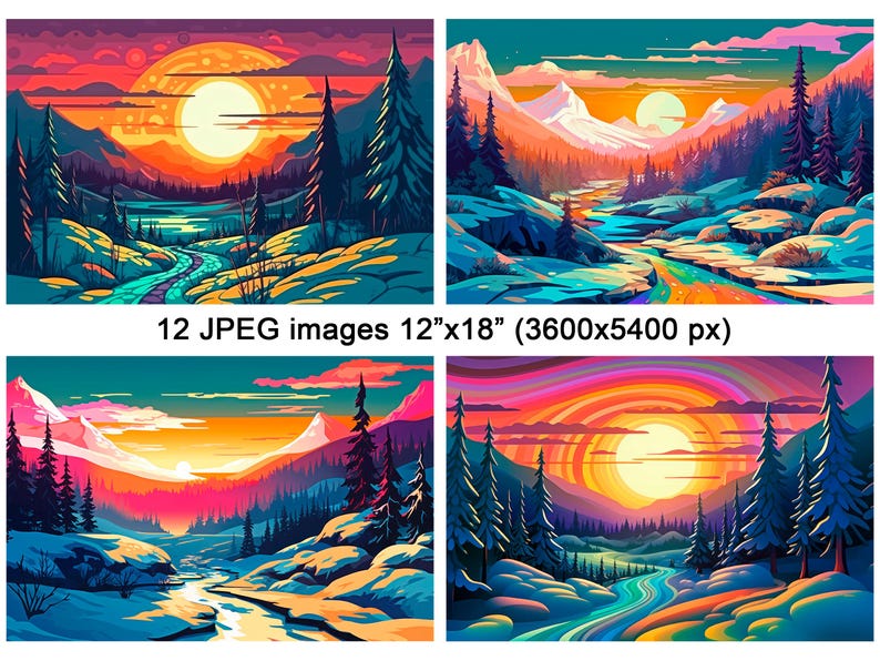 Groovy Winter Landscape Art, Vibrant Art Prints, Sunset Painting