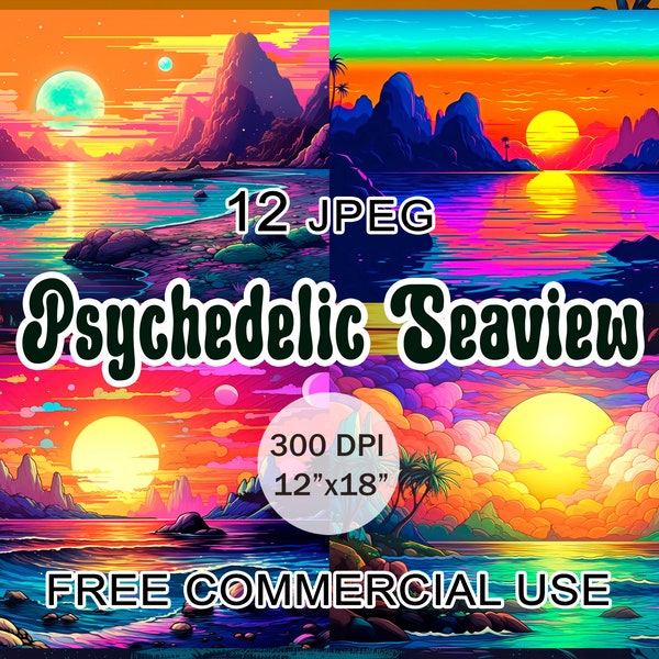 Psychedelic seaview clipart, Funky acid sunset beach printable neon art, Psy groovy images, Tropical jungle landscape, Free commercial use