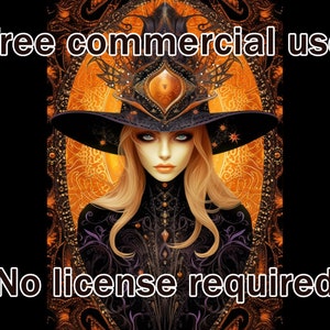 May include: A woman with long blonde hair wearing a black witch hat with gold accents and a black and gold patterned dress. The background is a dark orange and gold mandala pattern. The text "Free commercial use" and "No license required" is displayed on the image.