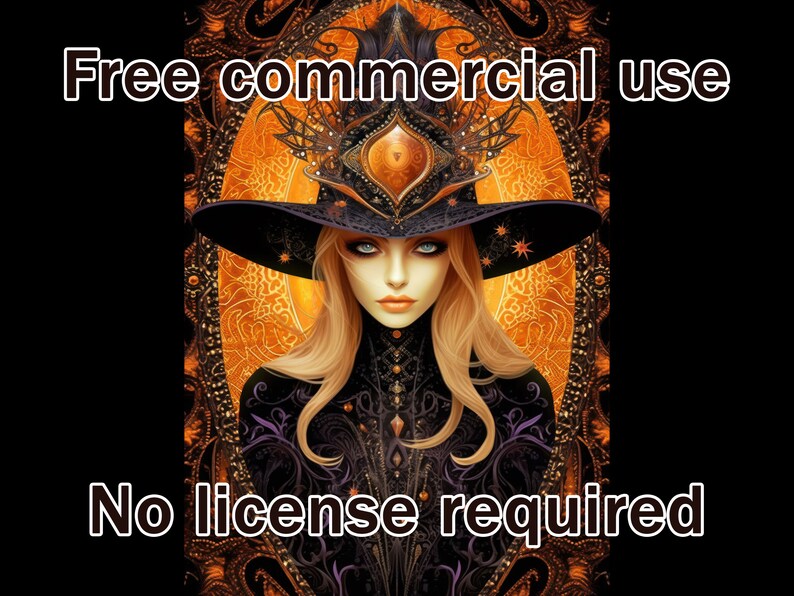May include: A woman with long blonde hair wearing a black witch hat with gold accents and a black and gold patterned dress. The background is a dark orange and gold mandala pattern. The text "Free commercial use" and "No license required" is displayed on the image.