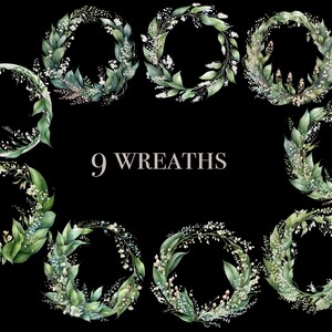 Pu&ograve; includere: Nove ghirlande ad acquerello con fiori bianchi e foglie verdi su sfondo nero. Il testo "9 Wreaths" &egrave; al centro dell'immagine.