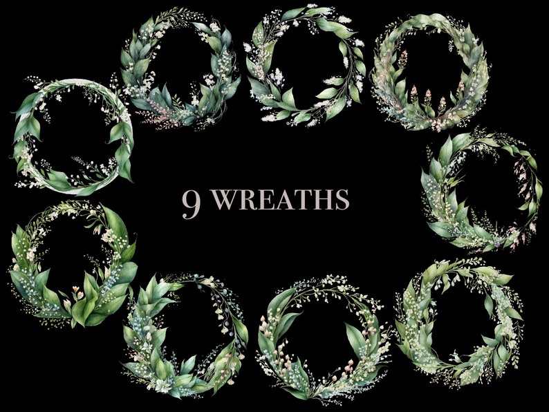 Pu&ograve; includere: Nove ghirlande ad acquerello con fiori bianchi e foglie verdi su sfondo nero. Il testo "9 Wreaths" &egrave; al centro dell'immagine.