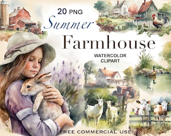 Farmhouse clipart, Summer png, Country png, Farm animals png, Farm animals clipart, Truck clipart, Summer clipart, Watercolor clipart