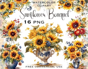 Watercolor Sunflower Bouquet clipart, Digital flower painting png bundle, Flowers images for design, scrapbooking etc., Free commercial use