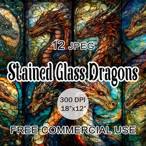 Gebrandschilderd glas draak clipart, Fatasy fairy digitaal papierpakket, Art Nouveau afdrukbare afbeeldingen voor collage, plakboek enz., Gratis commercieel gebruik
