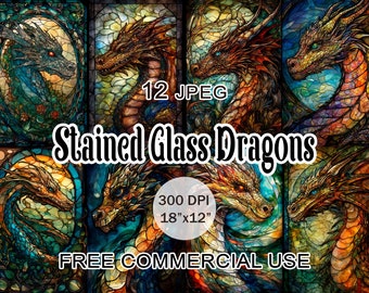 Stained glass dragon clipart, Fatasy fairy digital paper pack, Art nouveau printable images for collage, scrapbook etc., Free commercial use