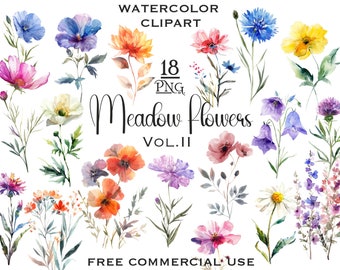 Wildflowers watercolor clipart, Meadow watercolor flowers, Summer clipart, Wild flower PNG, Floral clipart, Tiny flowers with commercial use