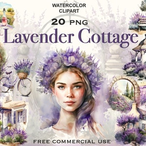 Imágenes prediseñadas de cabaña de lavanda, imágenes prediseñadas de acuarela lila, imágenes prediseñadas de lavanda, flores de lavanda png, flores lilas png, imágenes prediseñadas de cottagecore