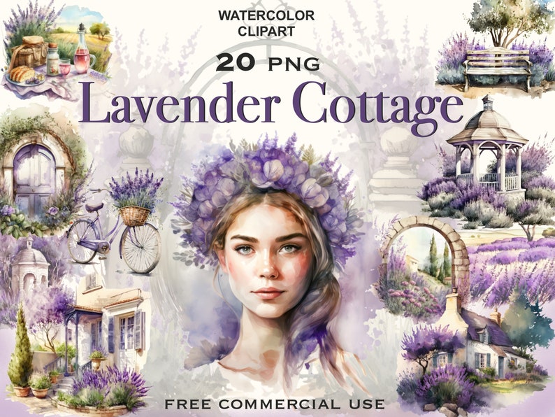 Pu&ograve; includere: Set di clipart ad acquerello di 20 immagini con tema cottage di lavanda. Il set include una donna con una ghirlanda di lavanda, una bicicletta con un cestino di lavanda, un gazebo, una panchina, un cottage e altri elementi a tema lavanda.