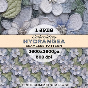 Blue hydrangea embroidery seamless pattern, Faux embroidery hydrangeas design, Flower embroidery seamless file, Digital floral embroidery