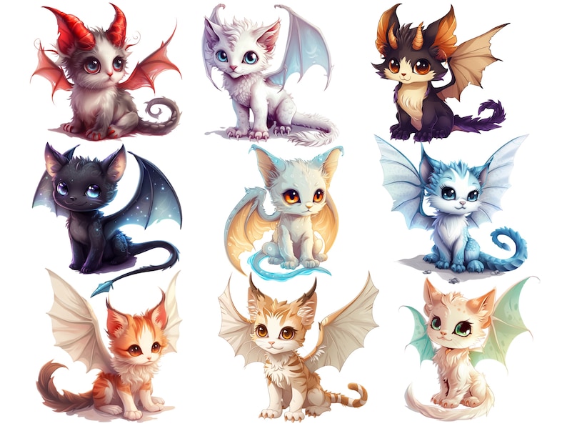 Cute Dragon Cat PNG Bundle, Baby dragon clipart, Cute kitten clipart, Fantasy baby animals png, Fairy cat art, Cute little dragon images image 4