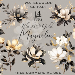 Zwarte en gouden magnolia PNG-bundel, aquarel magnolia clipart, aquarel bloem clipart, aquarel bloem png, gouden bloemen magnolia kunst