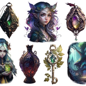 May include: A set of fantasy-themed illustrations featuring a forest scene, a key with a green gem, a bottle with a purple liquid, a pendant with a green gem, a pendant with a purple gem, and two portraits of an elf with green hair and blue eyes.