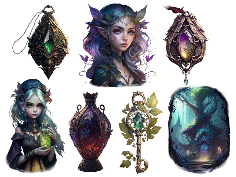 May include: A set of fantasy-themed illustrations featuring a forest scene, a key with a green gem, a bottle with a purple liquid, a pendant with a green gem, a pendant with a purple gem, and two portraits of an elf with green hair and blue eyes.