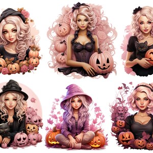 May include: Six digital illustrations of women dressed in Halloween costumes with pumpkins and other Halloween decorations. The women are wearing black and purple dresses, hats, and have long blonde hair.