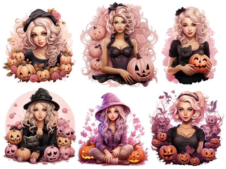 May include: Six digital illustrations of women dressed in Halloween costumes with pumpkins and other Halloween decorations. The women are wearing black and purple dresses, hats, and have long blonde hair.