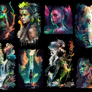 May include: A digital art collage featuring eight images of women with colorful, nature-inspired designs. The images are set against a black background and feature elements like waterfalls, lush greenery, and animal prints.