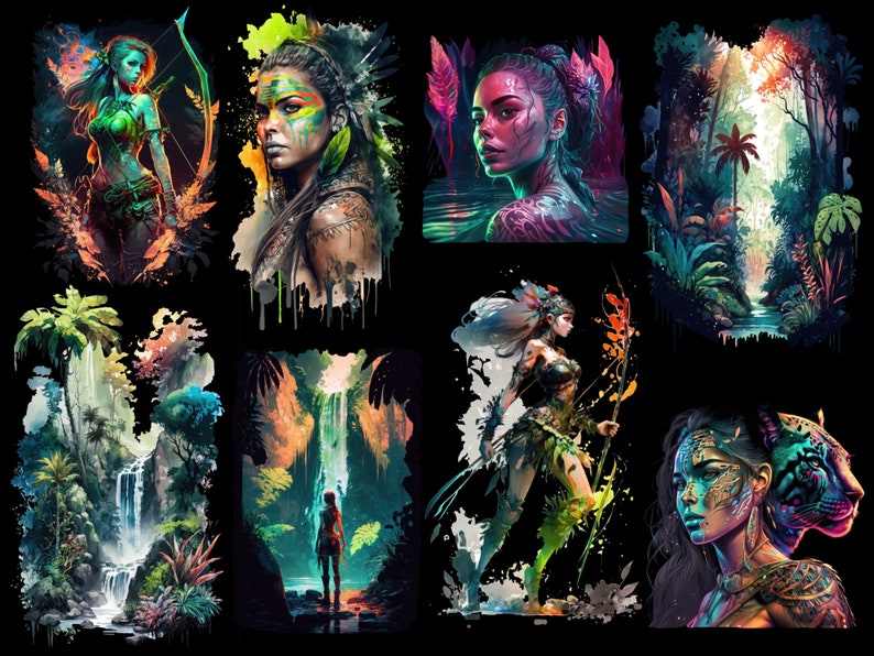 May include: A digital art collage featuring eight images of women with colorful, nature-inspired designs. The images are set against a black background and feature elements like waterfalls, lush greenery, and animal prints.