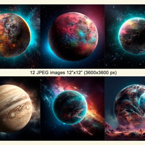 May include: A set of six digital art prints featuring colorful, abstract planets in space. The planets are rendered in a variety of colors, including blue, green, red, and orange. The prints are perfect for adding a touch of whimsy and color to any room.