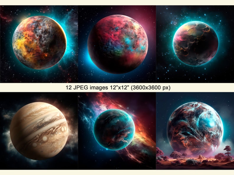 May include: A set of six digital art prints featuring colorful, abstract planets in space. The planets are rendered in a variety of colors, including blue, green, red, and orange. The prints are perfect for adding a touch of whimsy and color to any room.