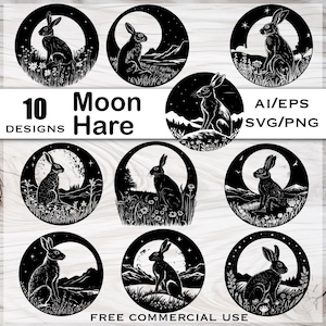 Bundle SVG lièvre lune, art lièvres lune regardant la lune, svg de la lune céleste, fichiers svg Silhouette, clipart céleste, clipart lune, clipart lièvre linogravure