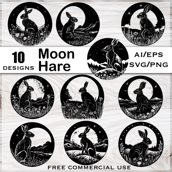 Moon Hare SVG bundle, Moon gazing hares art, Celestial moon svg, Silhouette svg files, Celestial clipart, Moon clipart, Linocut hare clipart