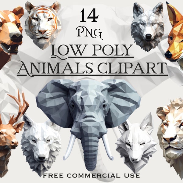 Low poly animals clipart, Geometric animal head clipart, Digital polygon art, Low poly png, Polygon animal png, Safari wild animals png
