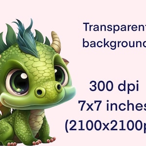 May include: A green cartoon baby dragon with large eyes and a toothy grin. The dragon is sitting on a pink background. The image is 7x7 inches and 300 dpi.