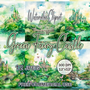 Green fairy castle clipart, Watercolor landscape clipart, Fantasy medieval landscape clipart, Fairytale enchanted forest art, Landscape art