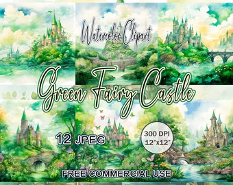 Green fairy castle clipart, Watercolor landscape clipart, Fantasy medieval landscape clipart, Fairytale enchanted forest art, Landscape art