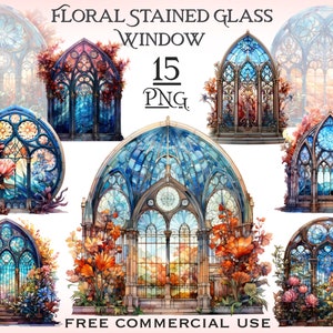 Floral gothic window png bundle, Stained glass window clipart, Gothic flower art, Gothic cathedral window png, Free commercial use png
