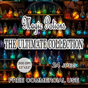 Può includere: Una collezione di 24 immagini digitali di pozioni magiche colorate in bottiglie di vetro su mensole di legno. Le immagini sono di 30,5 cm per 30,5 cm e 300 DPI. Il testo "Magic Potions The Ultimate Collection" è visualizzato sull'immagine. Uso commerciale gratuito.
