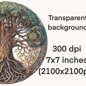 Puede incluir: Una ilustraci&oacute;n circular de un &aacute;rbol de la vida detallado con ra&iacute;ces, ramas y hojas intrincadas. El &aacute;rbol est&aacute; rodeado por un dise&ntilde;o de nudo celta con varios colores y patrones. El fondo es transparente.