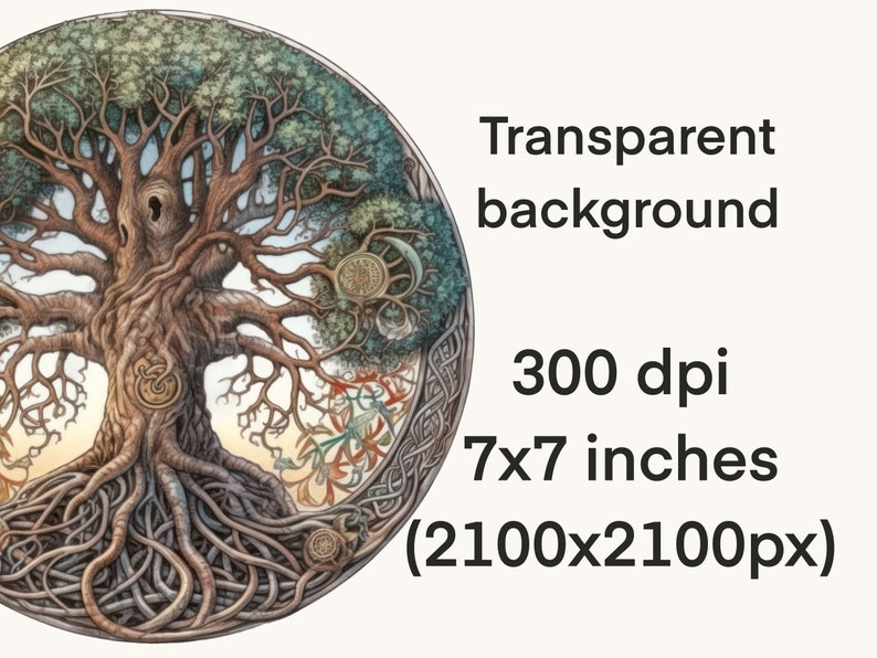 Puede incluir: Una ilustraci&oacute;n circular de un &aacute;rbol de la vida detallado con ra&iacute;ces, ramas y hojas intrincadas. El &aacute;rbol est&aacute; rodeado por un dise&ntilde;o de nudo celta con varios colores y patrones. El fondo es transparente.