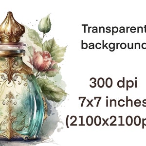 May include: A vintage-style glass bottle with a gold lid and intricate detailing. The bottle is filled with a blue liquid and is surrounded by watercolor flowers.