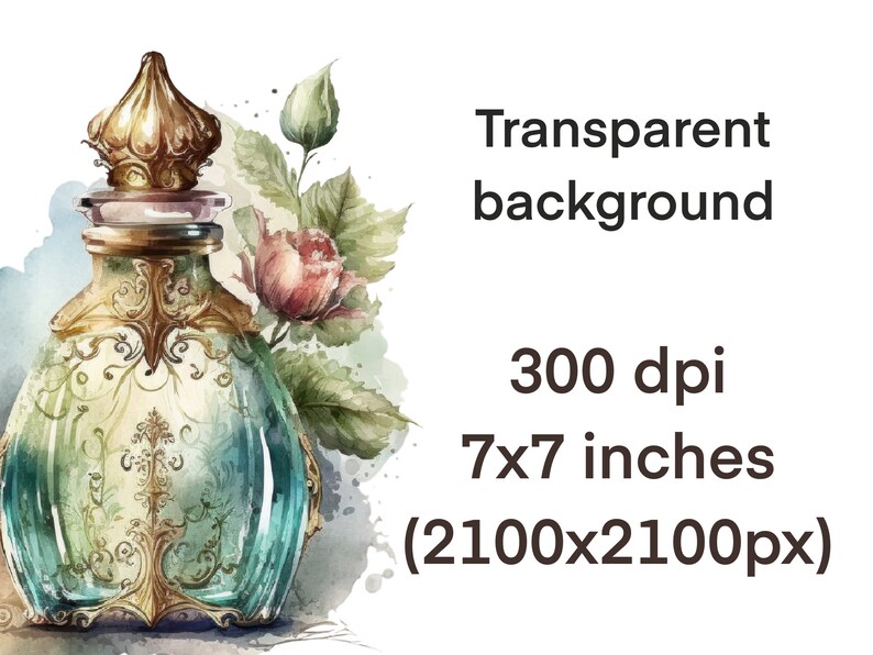 May include: A vintage-style glass bottle with a gold lid and intricate detailing. The bottle is filled with a blue liquid and is surrounded by watercolor flowers.