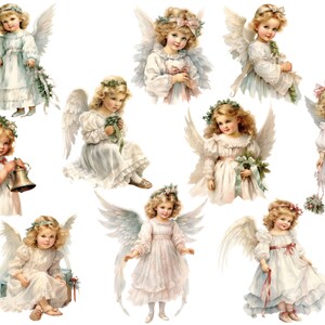 Puede incluir: Una colecci&oacute;n de ilustraciones en acuarela de &aacute;ngeles querubines. Cada &aacute;ngel se representa con alas emplumadas, vistiendo vestidos blancos con detalles florales. Algunos &aacute;ngeles sostienen flores, campanas o regalos, creando una est&eacute;tica vintage y et&eacute;rea.