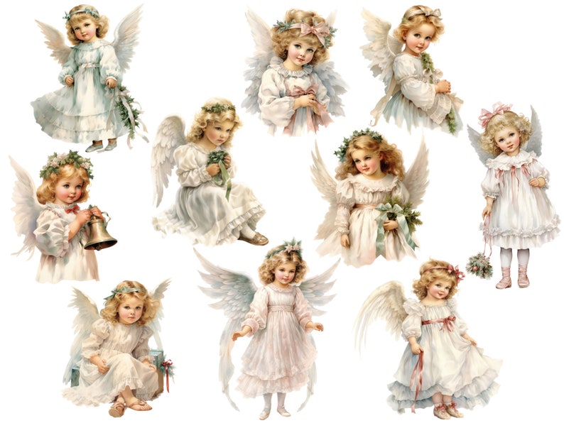 Puede incluir: Una colecci&oacute;n de ilustraciones en acuarela de &aacute;ngeles querubines. Cada &aacute;ngel se representa con alas emplumadas, vistiendo vestidos blancos con detalles florales. Algunos &aacute;ngeles sostienen flores, campanas o regalos, creando una est&eacute;tica vintage y et&eacute;rea.